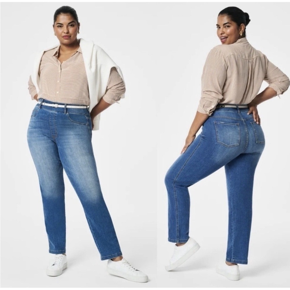 Spanx Jeans Straight Leg‎ Women's Large Tall Pull On Vintage Indigo Wash Denim